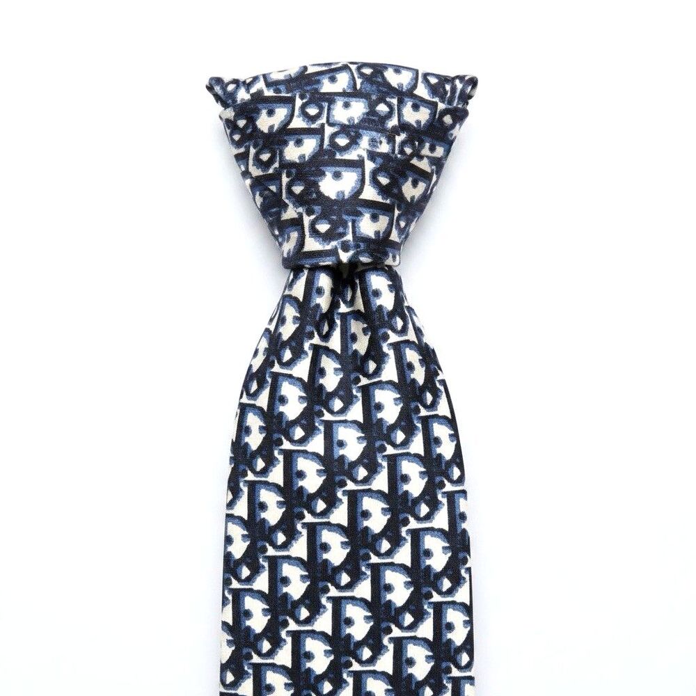 Vintage Christian Dior Logo Silk Tie Navy Blue Rare Shadow Print Monogram Men's